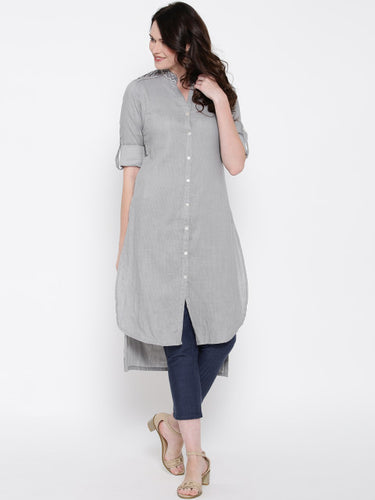 Biba Women Grey Self-Striped Straight High-Low Kurta