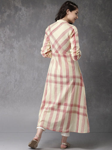 Anouk Women Light Yellow & Red Checked A-Line Kurta