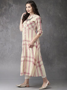 Anouk Women Light Yellow & Red Checked A-Line Kurta
