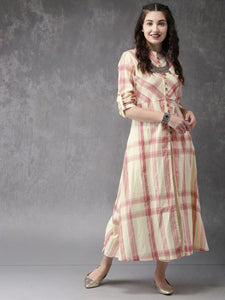 Anouk Women Light Yellow & Red Checked A-Line Kurta