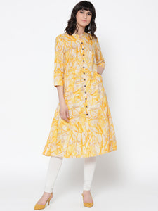 Jashn Women Yellow & Beige Printed A-Line Kurta