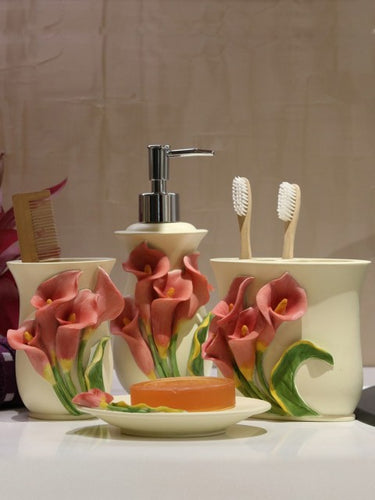 Shresmo Set of 4 Cream and red Textured Bath Accessories
