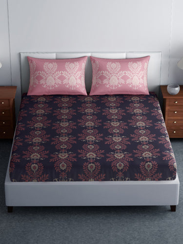 SPACES Pink & Navy Blue Floral Flat 144 TC Cotton 1 King Bedsheet with 2 Pillow Covers