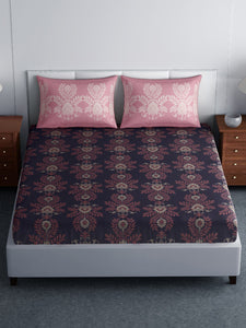 SPACES Pink & Navy Blue Floral Flat 144 TC Cotton 1 King Bedsheet with 2 Pillow Covers