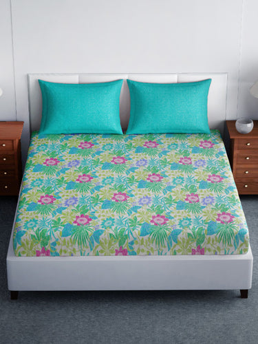 SPACES Blue Floral Flat 144 TC Cotton 1 King Bedsheet with 2 Pillow Covers