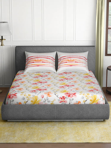 SPACES Red & White Floral Flat 210 TC Cotton 1 Queen Bedsheet with 2 Pillow Covers