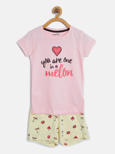Palm Tree Girls Pink & Yellow Printed T-shirt with Shorts