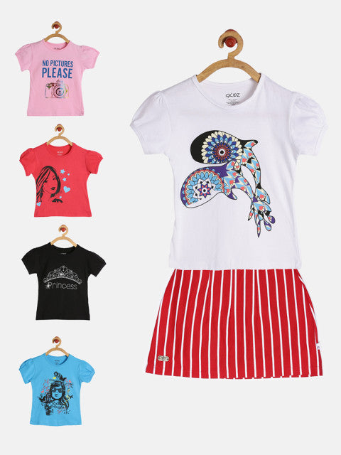 GKIDZ Girls Pack of 5 Printed T-Shirts & Skirt