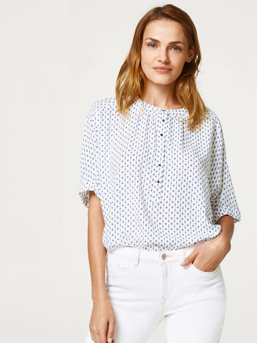ESPRIT Women White & Blue Printed Shirt Style Top
