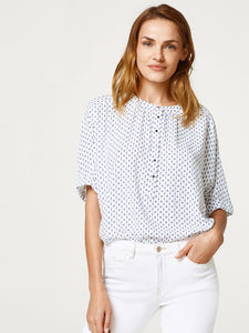 ESPRIT Women White & Blue Printed Shirt Style Top