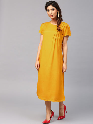 AKS Women Mustard Yellow Solid A-Line Dress