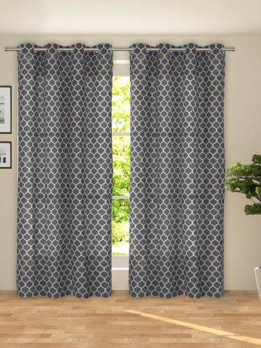 ROSARA HOME Set of 2 Navy Blue & Beige Printed Room Darkening Door Curtains