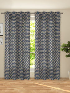ROSARA HOME Set of 2 Navy Blue & Beige Printed Room Darkening Door Curtains