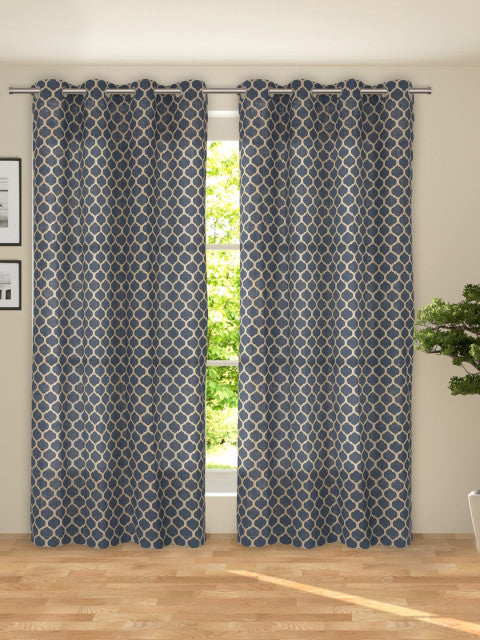 ROSARA HOME Set of 2 Navy Blue & Beige Printed Room Darkening Door Curtains