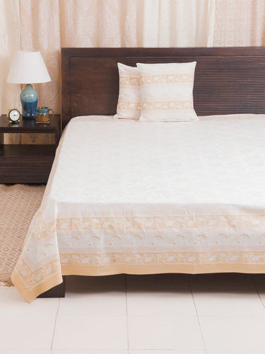 Fabindia Off-White & Peach Floral Print Double-King Size Bed Cover