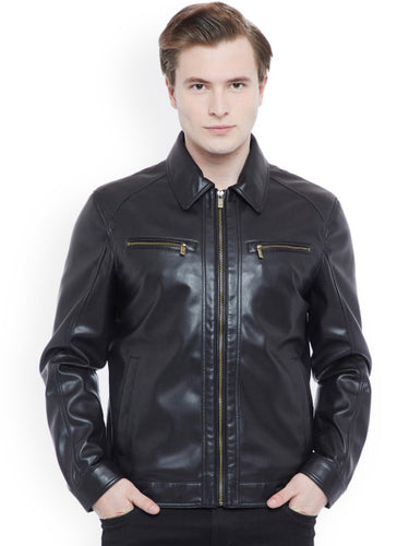 Justanned Men Black Solid Biker Jacket