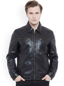 Justanned Men Black Solid Biker Jacket