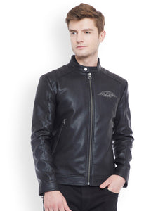 Justanned Men Black Solid Biker Jacket