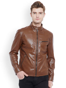 Justanned Men Tan Brown Solid Biker Jacket