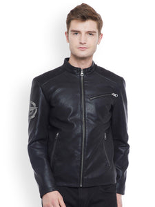 Justanned Men Black Solid Biker Jacket