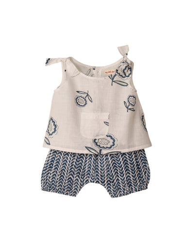 My Little Lambs Girls Cream-Coloured & Blue Printed Top with Shorts