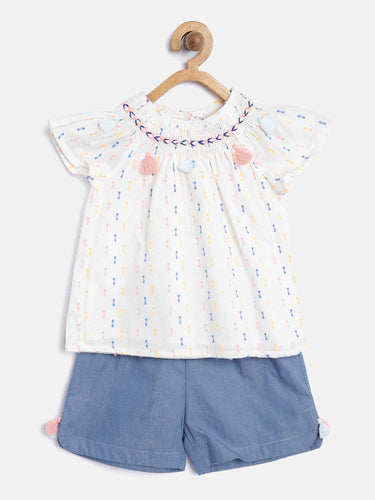 Nauti Nati Girls White & Blue Self-Design Top with Shorts