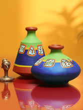 ExclusiveLane Blue & Green Set of 2 Terracotta Pots With Warli Hand-Painting