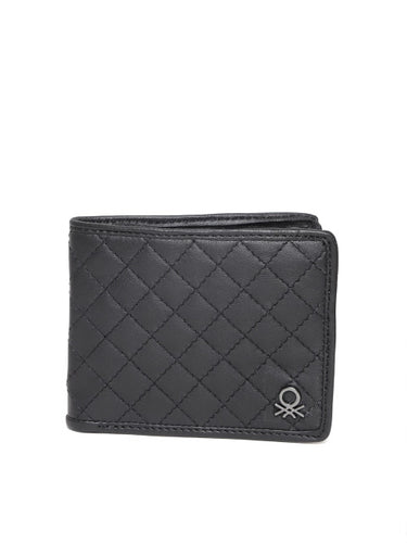 United Colors of Benetton Men Black Quilted Leather Two Fold Wallet