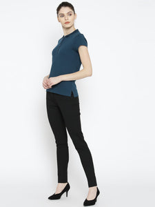 Wills Lifestyle Women Navy Blue Solid Polo Collar T-shirt